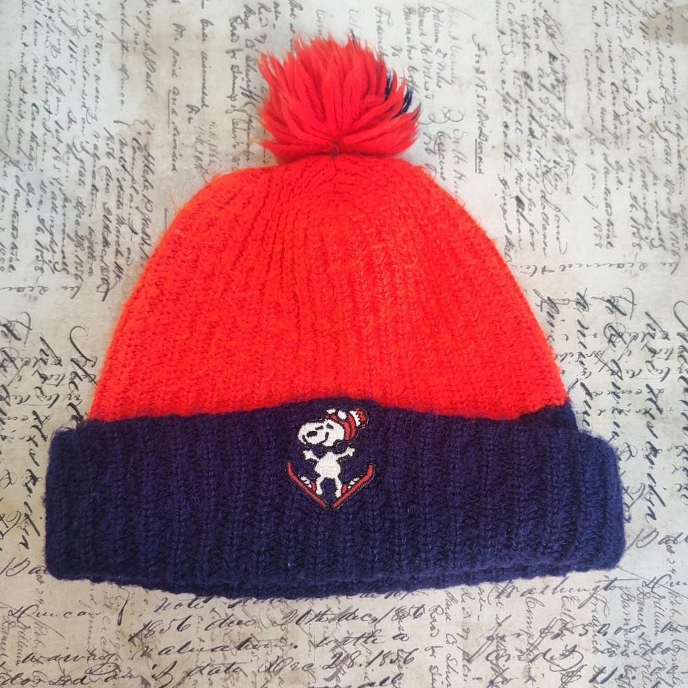 Vintage Snoopy PomPom Beanie Hat One Size Orange & Blue Embroidered Snoopy